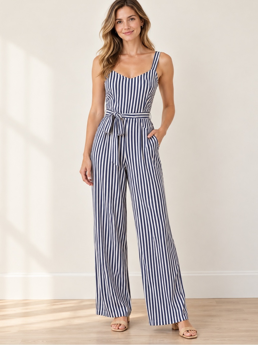 PAIGE Emma Jumpsuit in Twill Stripe Size M Navy White Revolve